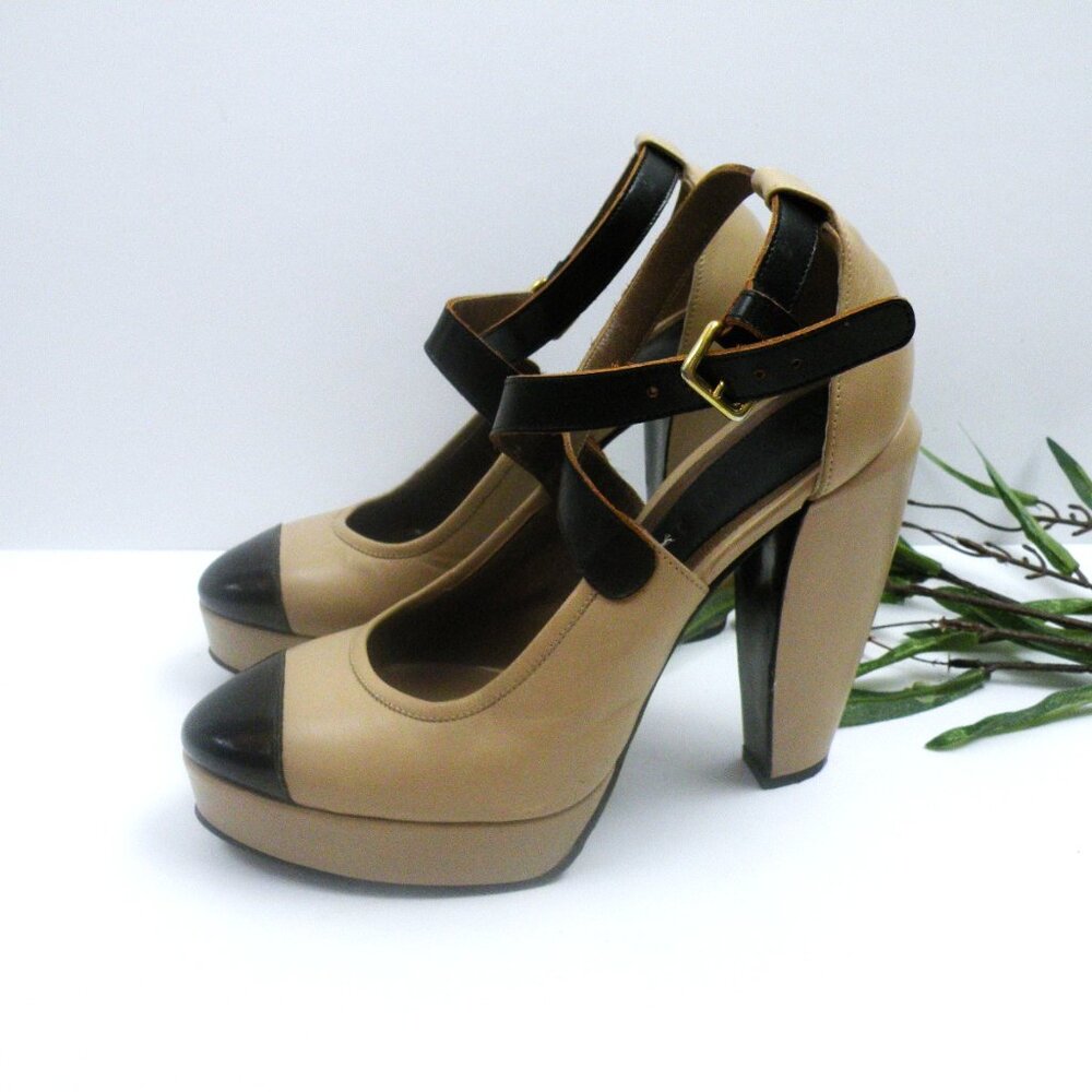 Worn Once! Marni Tan Black Cap Toe Heeled Mary Jane Shoes 38 (8) - Picture 2 of 9